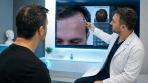 İkinci Saç Ekimi Yaptırılabilir mi? 1 İkinci saç ekimi planlaması için modern bir saç ekimi kliniğinde doktorun dijital saç analizi ekranında hastanın saç çizgisini ve donör bölgesini değerlendirerek revizyon operasyonunu planladığı profesyonel konsültasyon sahnesi.