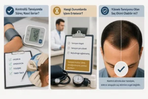 Tansiyon Hastalarında Saç Ekimi Yapılır mı? 1 Tansiyon hastalarında saç ekimi sürecini anlatan üç bölümlü görsel. Tansiyon kontrolü, doktor değerlendirmesi ve kontrol altında olan hipertansiyon hastalarında güvenli saç ekimi planlamasını simgeleyen tıbbi illüstrasyonlar yer alıyor.