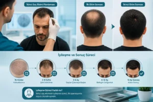 İkinci Saç Ekimi Yaptırılabilir mi? 3 İkinci saç ekimi süreci ve iyileşme dönemini anlatan tıbbi infografik; doktorun revizyon planlaması yaptığı konsültasyon sahnesi, ilk ve ikinci saç ekimi sonrası görünüm karşılaştırması ile kabuklanma, şok dökülme ve 12 ayda kalıcı sonuca uzanan iyileşme zaman çizelgesini gösteren görsel.