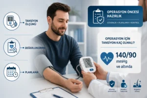 Tansiyon Hastalarında Saç Ekimi Yapılır mı? 2 Tansiyon hastalarında saç ekimi öncesi kan basıncı kontrolünü gösteren, klinik ortamda tansiyon ölçümü yapılan hasta ve operasyon öncesi hazırlık aşamalarını anlatan bilgilendirici görsel.