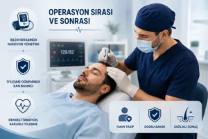 Tansiyon Hastalarında Saç Ekimi Yapılır mı? 3 Tansiyon hastalarında saç ekimi sırasında ve sonrasında kan basıncının takip edilmesini, operasyon sürecini ve güvenli iyileşme dönemini anlatan bilgilendirici görsel.